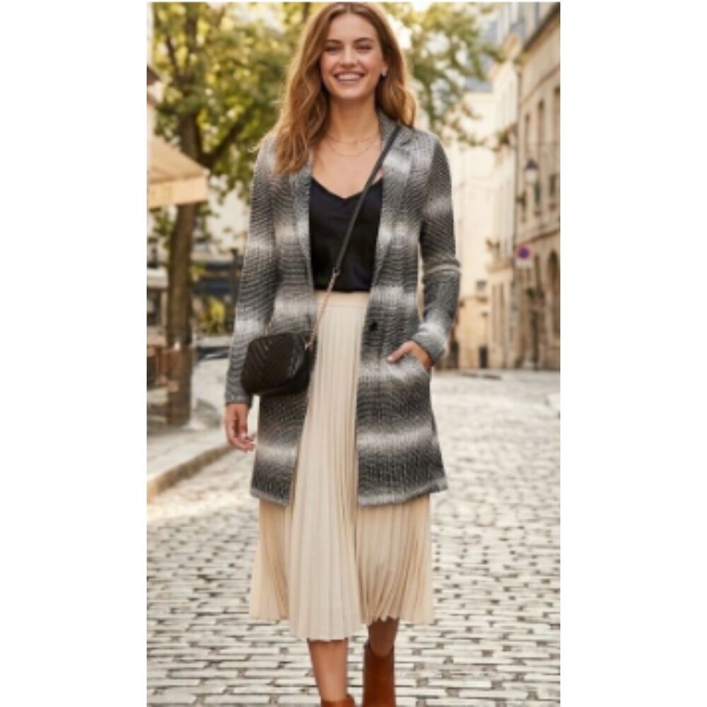 Lucky Brand Grey Striped Knit Car Coat Cardigan Sweater Medium